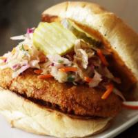 Fried Chick’N Sandwich · soy protein cutlet, cabbage slaw, chipotle aioli, pickles on a bun
