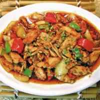 Ech Xao Sa Ot · Stir-fried frog legs with lemongrass, chili peppers, bell peppers and onions, mushroom and c...