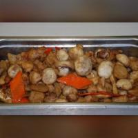 Mushroom Chicken · Stir fried chicken with mushroom,carrot,chestnut in light brown sauce.