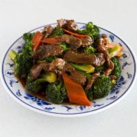 Beef with Broccoli · Stir fried beef with broccoli and carrots in brown sauce.