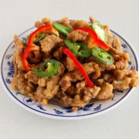 Spicy Pork · Crunchy deep fried pork with onions,sliced red bell peppers,spring onions,jalapeños and seas...
