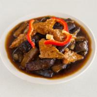 Szechuan Eggplant with Tofu · Fried tofu with eggplant in brown sauce.