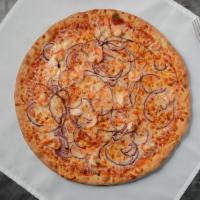 Shrimp Scampi Pizza · Tiger shrimp, fresh garlic, onions, and mozzarella.
