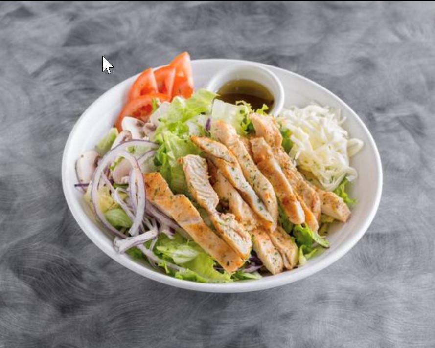 Grilled Chicken Salad · Juicy pieces of grilled boneless chicken breast sauteed with fresh garlic. (Serve with homemade vinaigrette).