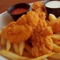 Chicken Strips · Fried chicken tenders served with shoestring french fries.
