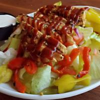 Jimmy E’s Salad · Lettuce, tomato, onion, pepperoncini, roasted pepper, avocado, and grilled chicken smothered...