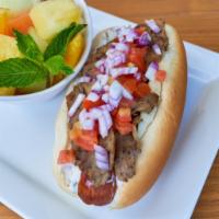Gyro Dog · 100% all-beef char-grilled and topped with gyro, tomatoes, onions, feta cheese, and tzatziki...
