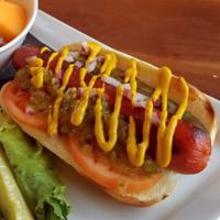 Chicago Dog · 100% all-beef topped with tomato, onions, pickle spear, relish, peppers, mustard, and sprink...
