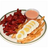 Sliced hot dogs - SALCHIPAPA · With french fries and boiled egg - CON PAPAS FRITAS Y HUEVO

