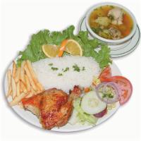 Rotisserie chicken platter-BANDEJA POLLO al CARBON · Medium chicken soup, rice, french fries, salad and 1/4 rotisserie chicken - CONSOME MEDIANO,...