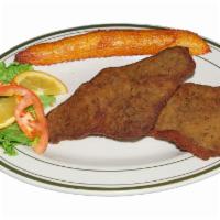 Breaded beef - MILANESA DE RES · with sweet plantain, white rice, beans and salad - CON MADURO, ARROZ BLANCO, FRIJOLES Y ENSA...