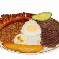 Tipical Platter - BANDEJA TIPICA · With rice, beans, grilled steak or ground beef, egg, pork rind, avocado, sweet plantain and ...
