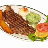 Grilled sirloin steak - PLATO AGUACATALA · Sirloin steak, guacamole, white rice, beans, sweet plantain, corn cake and salad - CHURRASCO...