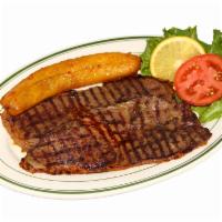 Grilled Steak - CARNE ASADA · With sweet plantain, white rice, beans and salad - CON MADURO, ARROZ BLANCO, FRIJOLES Y ENSA...