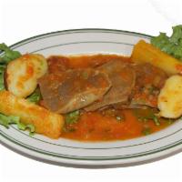 Beef tongue with Creole sauce - LENGUA A LA CRIOLLA  · Beef tongue with creole sauce, potato, cassava, white rice, beans and salad- LENGUA EN SALSA...