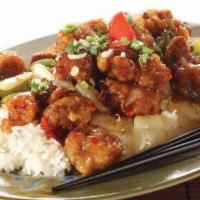 E11. General Tso's Chicken · Spicy sweet sauce, crispy chicken, red pepper and scallion with side of rice. Hot and spicy. 