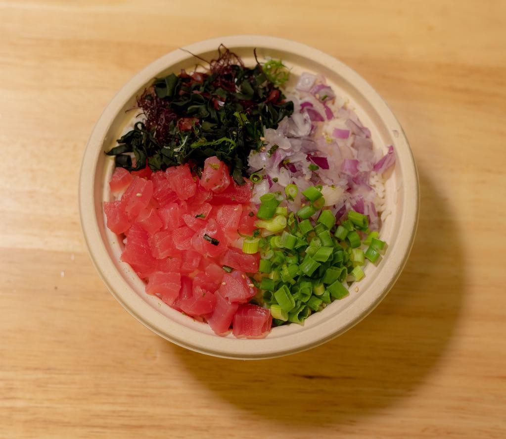 Waikiki Poke Bowl · Ahi tuna, red onion, green onion, furikake, seaweed and sesame soy.