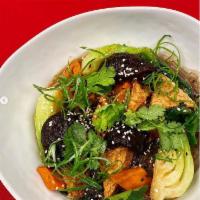 Braised Bok choy and Sweet potato noodle · Braised bok choy, noodles, grilled sweet potato, Thai soy broth, pepper tofu