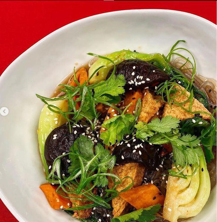 Braised Bok choy and Sweet potato noodle · Braised bok choy, noodles, grilled sweet potato, Thai soy broth, pepper tofu