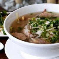 Pho Reg · Rice noodle and beef broth with beef and  meatball topped with onions and cilantro.