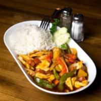 Prew Warn  · Sweet and sour. Bell pepper, carrot, tomato, pineapple, cucumber and onion stir with a sweet...