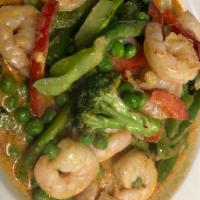 Gang Kew Warn  · Broccoli, peas and bell pepper, stir fry in green curry and coconut milk. Gluten free.