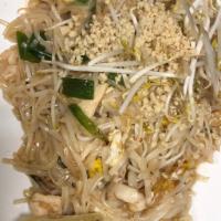 Pad Thai (GF) · Thin rice noodle stir fry with bean sprouts, green onion and egg topped with fresh sprouts, ...