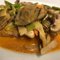 Pla Ped Fish (walleye fillet) · A lightly breaded fish fillet topped with eggplant, 
bell pepper, onion, bamboo shoot and mu...