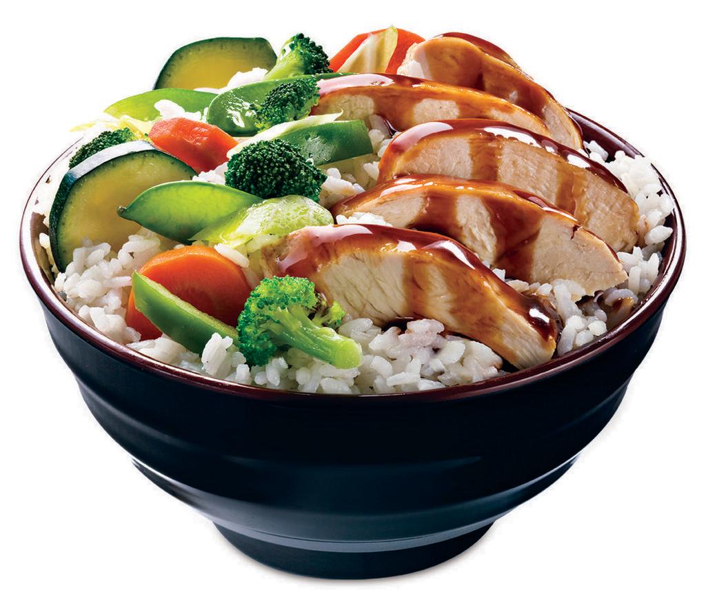 Chicken Breast Teriyaki Rice Bowl · Grilled marinated chicken breast, with wok-seared Japanese vegetables (carrots, broccoli, green bell peppers, cabbage) on a bed of your choice of white or brown rice topped with Samurai Sam's regular or spicy teriyaki glaze.
