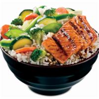 Salmon Teriyaki Rice Bowl · Grilled salmon with wok-seared Japanese vegetables (carrots, broccoli, green bell peppers, c...