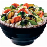 Vegetarian Teriyaki Rice Bowl · Wok-seared Japanese mixed vegetables (carrots, broccoli, green bell peppers, cabbage) on a b...