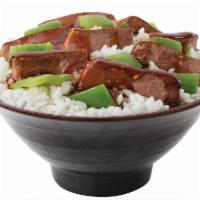 Spicy Pepper Steak Bowl · Steak, green peppers, soy sauce, rice and Sam's spicy teriyaki sauce.