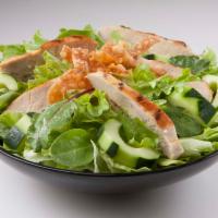 Oriental Chicken Salad · Grilled marinated chicken breast, sliced cucumbers and wonton strips on a bed of spring mix ...