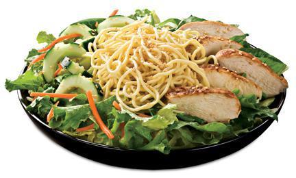 Sesame Garden Salad · Grilled marinated chicken breast, sliced cucumbers, carrots and yakisoba noodles on a bed of spring mix and sesame dressing.