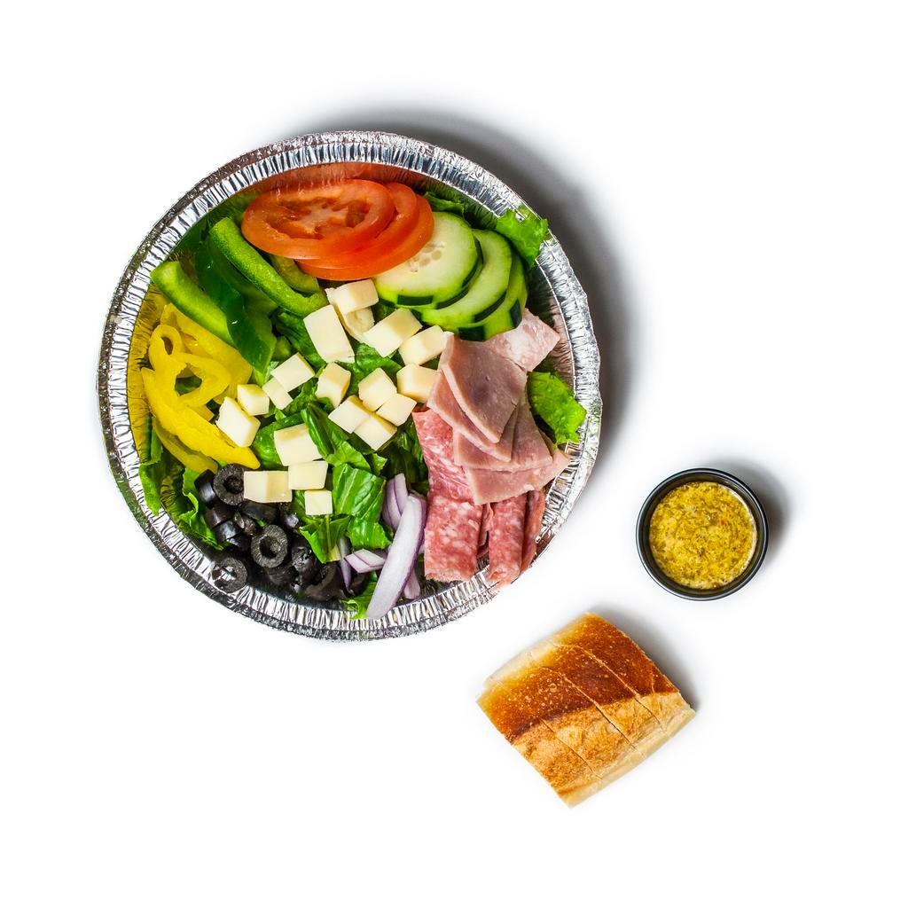 Antipasto Salad · Romaine, tomato, peppers, onions, cucumber, black olives, pepperoncini ham, salami and provolone cheese with Italian dressing on the side.