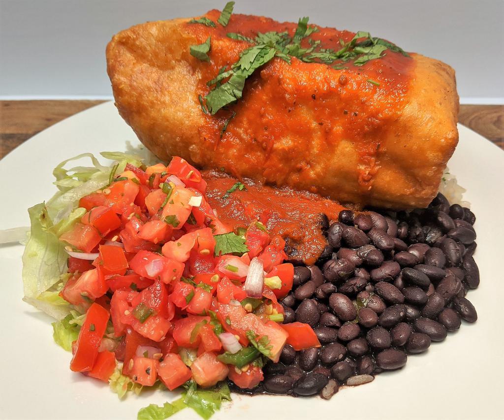 Homemade Bean and Cheese Chimichanga · A crispy deep-fried Burrito filled with
Cheese and topped with Queso or
Enchilada Sauce. Served over Rice
with Beans & Salad.