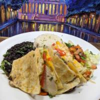 Grilled Chicken Quesadilla · Crispy Grilled Flour Tortillas, filled
with Green Chilies and Shredded
Cheese. Served over r...
