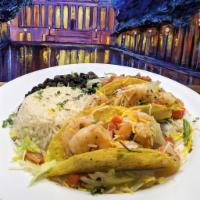 Grilled Shrimp Taco · Choice of Two …
Hard Corn, Soft Corn or Soft Flour
Served with Lettuce, Tomato, Beans,
Chees...