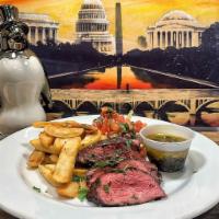 Steak Chimichurri (Available Everyday!) · Char Grilled Steak, Sliced and served with
Steak Fries, Salad & the Classic,
Brazilian Garli...