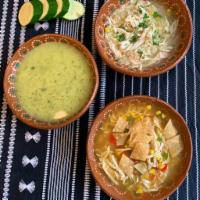 Soups · Freshly made soups. Choose from 
Chicken (rice, peas, carrots and corn)
Tortilla (chicken, c...