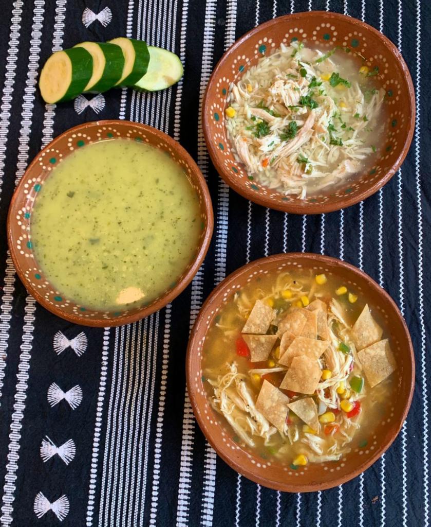 Soups · Freshly made soups. Choose from 
Chicken (rice, peas, carrots and corn)
Tortilla (chicken, corn, peppers, chipotle salsa, roasted corn and peppers and onion, served w/tortilla chips)
Zucchini (onion and salt) 
Black Bean (w/tortilla chips)