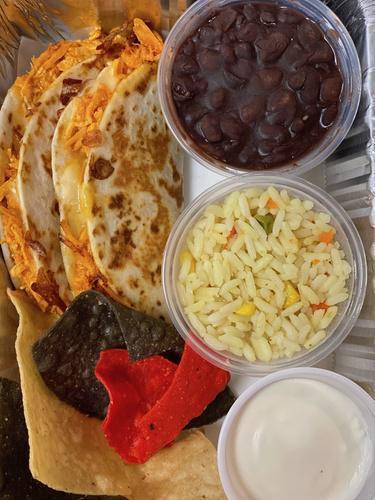 Kids Quesadillas Meal · 2 Quesadillas (Corn or Flour Tortilla, Choice of Cheese, Chicken Tinga, Pork Carnitas, Beef Picadillo or Veggies) with Side of Mexican Rice, Side of Charro Beans, Side of Mexican Crema and Tortilla Chips