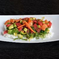 Ahi Poke Plate · Diced raw tuna, salmon, avocado and seaweed salad. Served with over sushi rice.