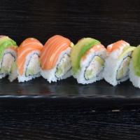 Rainbow Rolls · In: crab, avocado and cucumber Top: tuna, salmon, red snapper, shrimp and avocado. Raw.