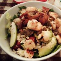 All Chopped Up Salad · Crisp romaine chopped with marinated chicken, bacon, avocado, scallions, tomatoes, jack chee...
