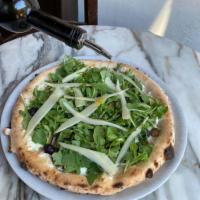 Spaccanapoli Pizza · Smoked mozzarella, ricotta, olives, arugula, and shaved Grana Padano.