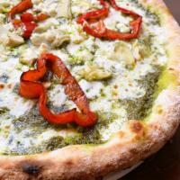 Verde Pizza · Pesto, artichoke, goat cheese, roasted red bell pepper, fresh mozzarella, and Grana Padano.
