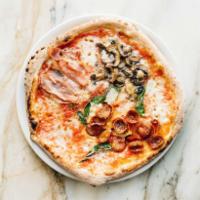 Quattro Stagioni Pizza · Mushrooms, prosciutto cotto, salame piccante, fresh mozzarella, pomodoro, basil, and Grana P...