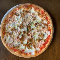 Salsiccia Pizza · Sweet Italian sausage, fresh mozzarella, pomodoro, basil, and Grana Padano.