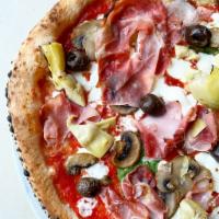 Capricciosa Pizza · Artichokes, mushrooms, prosciutto cotto, olives, fresh mozzarella, and pomodoro.